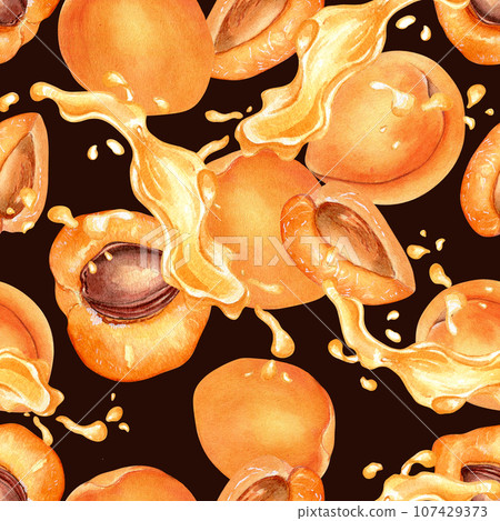 Watercolor seamless pattern with apricots and juice drop isolated on black. Painting segment fruits, nectarine, splashing juice hand drawn. Design element for package, textile, wrapping, paper Watercolor seamless pattern with apricots and juice drop isolated on black. Painting segment fruits, nectarine, splashing juice hand drawn. Design element for package, textile, wrapping, paper 107429373