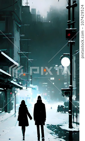 Winter night in the street city landscape illustration Winter night in the street city landscape illustration 107429524