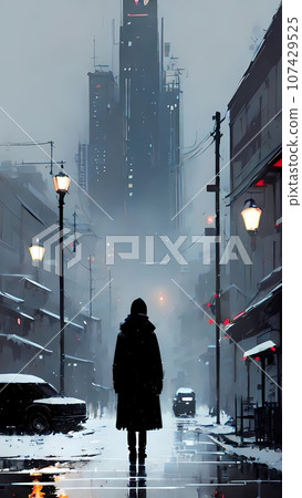 Winter night in the street city landscape illustration Winter night in the street city landscape illustration 107429525