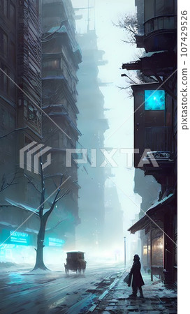 Winter night in the street city landscape illustration Winter night in the street city landscape illustration 107429526