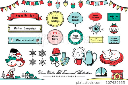 Simple pop and stylish warm winter image vector illustration and frame material set 107429635
