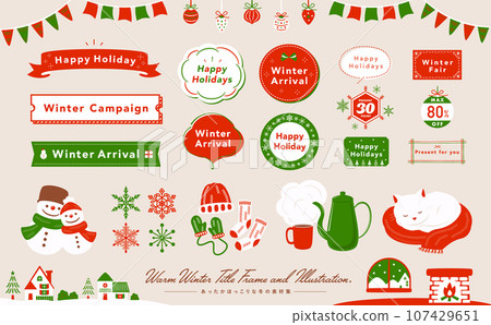 Simple pop and stylish warm winter image vector illustration and frame material set_Christmas colors Simple pop and stylish warm winter image vector illustration and frame material set_Christmas colors 107429651