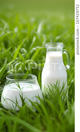 glass of milk on grass 107429752
