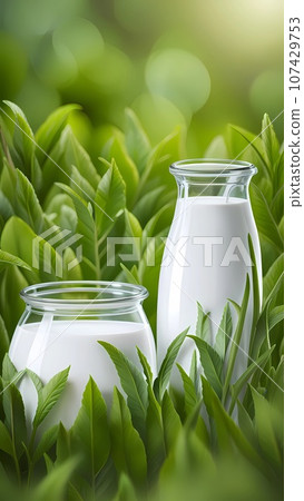 glass of milk on grass 107429753