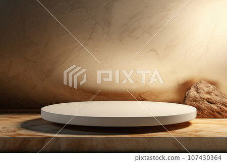 White glossy cylindrical platform on a stone background for product demonstration 107430364