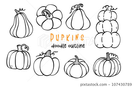 Cute Pumpkin Outline Set. Cartoon Doodle Hand Drawing Illustrations for Halloween and Autumn Decor Cute Pumpkin Outline Set. Cartoon Doodle Hand Drawing Illustrations for Halloween and Autumn Decor 107430789