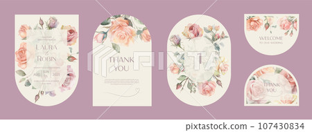 Wedding arch Invitation Card Design with watercolor garden roses. Wedding arch Invitation Card Design with watercolor garden roses. 107430834
