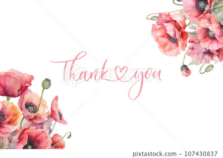 Vintage Watercolor Frame with Blooming poppies. Thank You card. 107430837