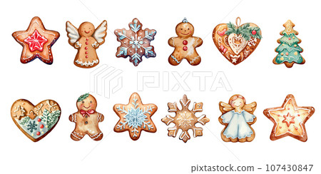 Watercolor set of ginger christmas gingerbread, 107430847