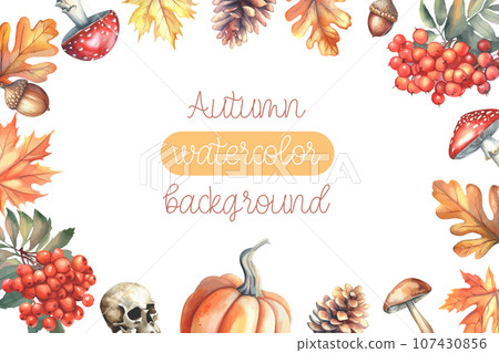 Watercolor halloween background. Pumpkin, mushroom, fly agaric, cat, crow, rowan, maple, oak, pine cone, acorn, skull. Watercolor halloween background. Pumpkin, mushroom, fly agaric, cat, crow, rowan, maple, oak, pine cone, acorn, skull. 107430856