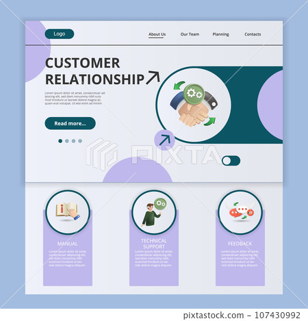 Customer relationship flat landing page website template. Manual, technical support, feedback. Web banner with header, content and footer. Vector illustration. 107430992