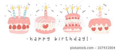 Cute Kawaii Pink Pastel Birthday Cakes cartoon drawling idea for festive Invitation Banner. Cute Kawaii Pink Pastel Birthday Cakes cartoon drawling idea for festive Invitation Banner. 107431004