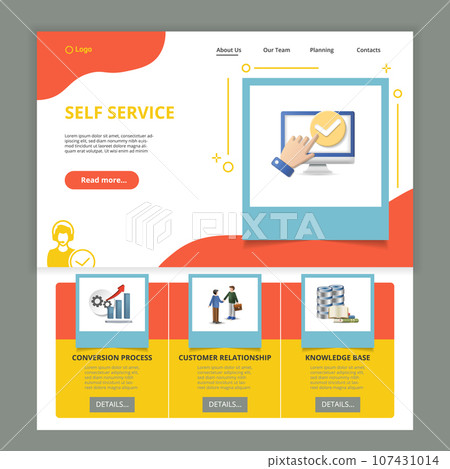 Self service flat landing page website template. Conversion process, customer relationship, knowledge base. Web banner with header, content and footer. Vector illustration. Self service flat landing page website template. Conversion process, customer relationship, knowledge base. Web banner with header, content and footer. Vector illustration. 107431014