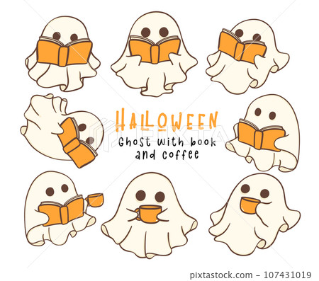 Halloween Cute spooky Ghost with book and coffee Cartoon outline Doodle Drawing Set. Halloween Cute spooky Ghost with book and coffee Cartoon outline Doodle Drawing Set. 107431019