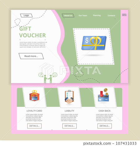 Gift voucher flat landing page website template. Loyalty card, liability, cash back. Web banner with header, content and footer. Vector illustration. 107431033