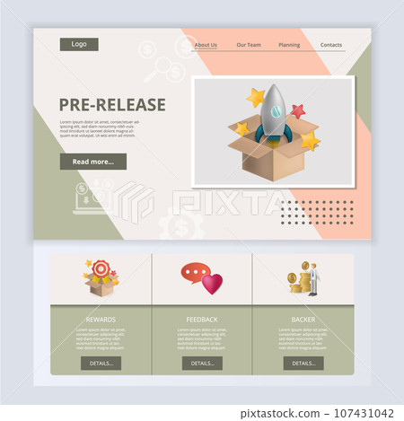 Pre-release flat landing page website template. Rewards, feedback, backer. Web banner with header, content and footer. Vector illustration. Pre-release flat landing page website template. Rewards, feedback, backer. Web banner with header, content and footer. Vector illustration. 107431042