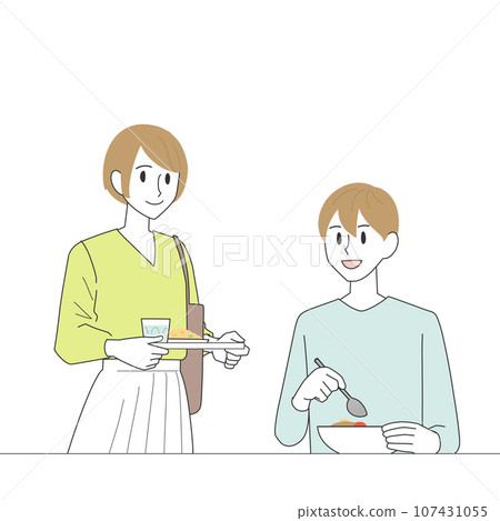 一個男人在吃飯，一個女人拿著托盤 107431055