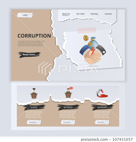 Corruption flat landing page website template. Judge, witness, murder. Web banner with header, content and footer. Vector illustration. Corruption flat landing page website template. Judge, witness, murder. Web banner with header, content and footer. Vector illustration. 107431057
