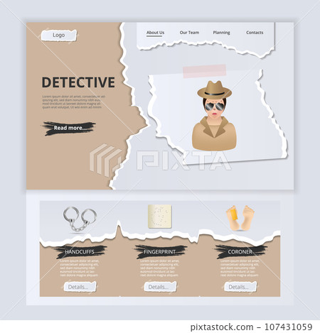 Detective flat landing page website template. Handcuffs, fingerprint, coroner. Web banner with header, content and footer. Vector illustration. Detective flat landing page website template. Handcuffs, fingerprint, coroner. Web banner with header, content and footer. Vector illustration. 107431059