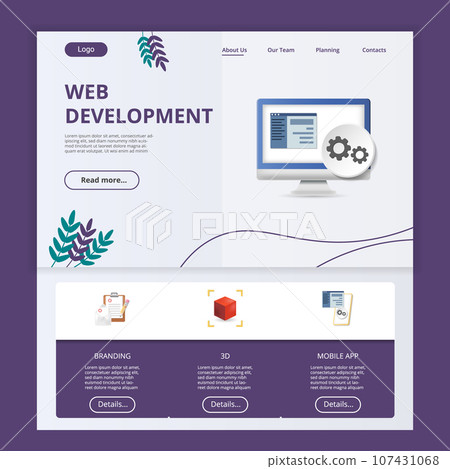 Web development flat landing page website template. Branding, 3D, mobile app. Web banner with header, content and footer. Vector illustration. Web development flat landing page website template. Branding, 3D, mobile app. Web banner with header, content and footer. Vector illustration. 107431068