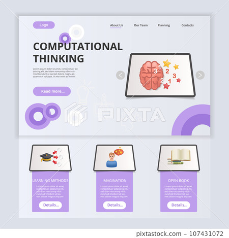 Computational thinking flat landing page website template. Learning methods, imagination, open book. Web banner with header, content and footer. Vector illustration. 107431072