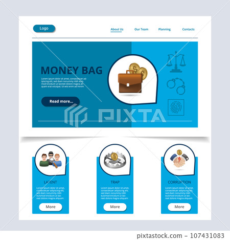 Money bag flat landing page website template. Latent, trap, corruption. Web banner with header, content and footer. Vector illustration. Money bag flat landing page website template. Latent, trap, corruption. Web banner with header, content and footer. Vector illustration. 107431083