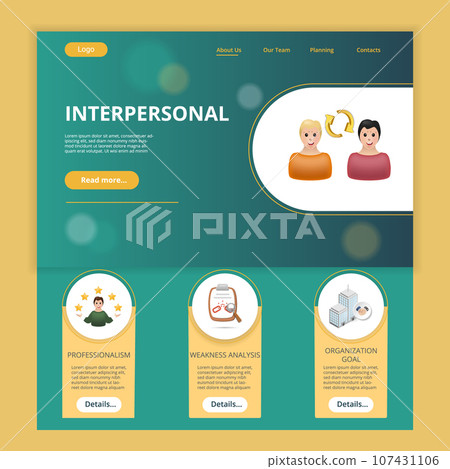 Interpersonal flat landing page website template. Professionalism, weakness analysis, organization goal. Web banner with header, content and footer. Vector illustration. 107431106