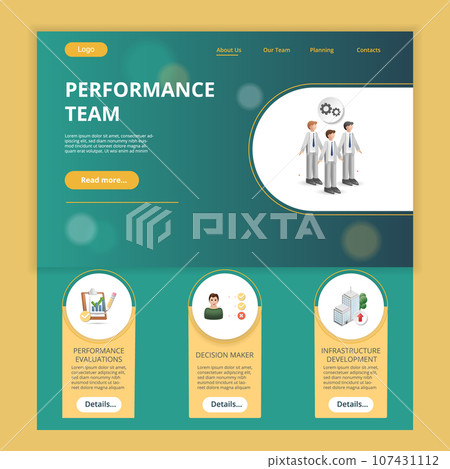 Performance team flat landing page website template. Performance evaluations, decision maker, infrastructure development. Web banner with header, content and footer. Vector illustration. 107431112