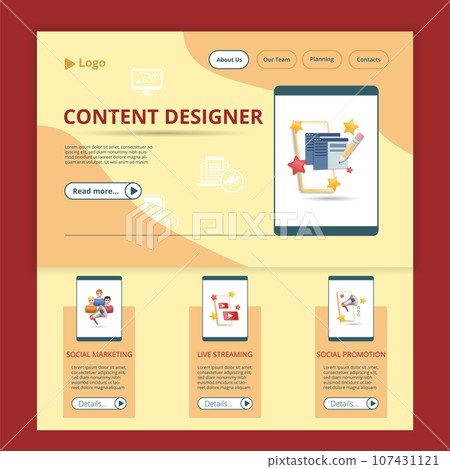 Content designer flat landing page website template. Social marketing, live streaming, social promotion. Web banner with header, content and footer. Vector illustration. 107431121