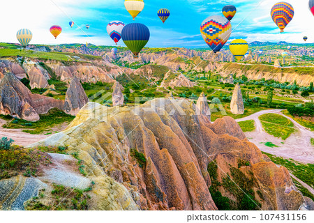Fly of air balloons in Unique natural place - Cappadocia , Turkiye. Fly of air balloons in Unique natural place - Cappadocia , Turkiye. 107431156