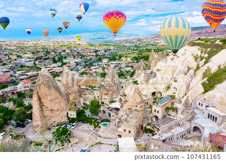 Fly of air balloons in Unique natural place - Cappadocia , Turkiye. Fly of air balloons in Unique natural place - Cappadocia , Turkiye. 107431165
