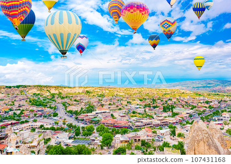 Fly of air balloons in Unique natural place - Cappadocia , Turkiye. Fly of air balloons in Unique natural place - Cappadocia , Turkiye. 107431168