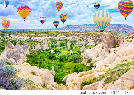 Fly of air balloons in Unique natural place - Cappadocia , Turkiye. 107431174