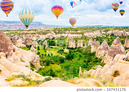 Fly of air balloons in Unique natural place - Cappadocia , Turkiye. 107431176