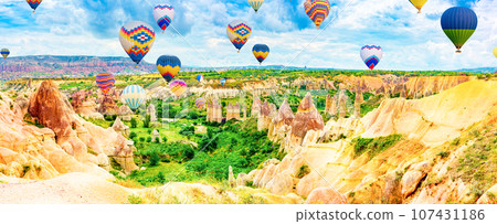 Fly of air balloons in Unique natural place - Cappadocia , Turkiye. 107431186