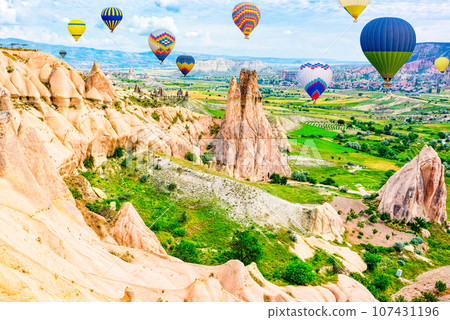 Fly of air balloons in Unique natural place - Cappadocia , Turkiye. 107431196