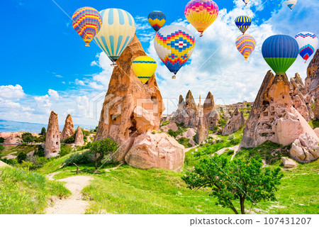 Fly of air balloons in Unique natural place - Cappadocia , Turkiye. Fly of air balloons in Unique natural place - Cappadocia , Turkiye. 107431207