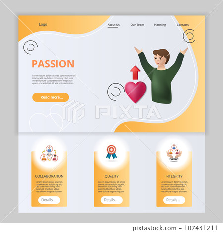 Passion flat landing page website template. Collaboration, quality, integrity. Web banner with header, content and footer. Vector illustration. 107431211
