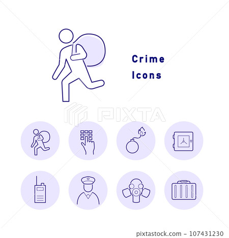 Color icon set with motifs related to crime, justice, and police 107431230