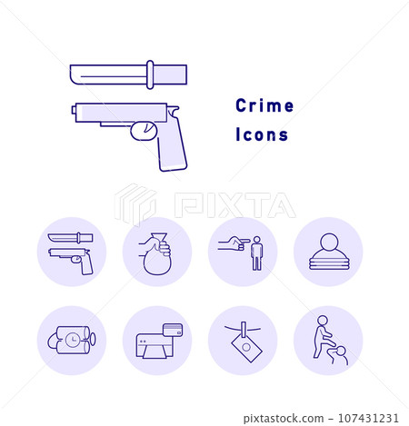 Color icon set with motifs related to crime, justice, and police 107431231