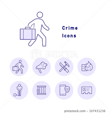 Color icon set with motifs related to crime, justice, and police 107431236