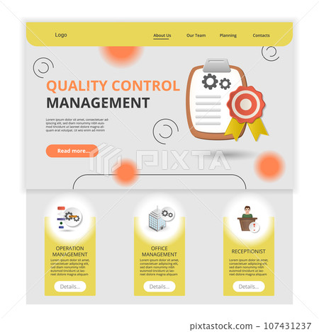 Quality control management flat landing page website template. Operation management, office management, receptionist. Web banner with header, content and footer. Vector illustration. Quality control management flat landing page website template. Operation management, office management, receptionist. Web banner with header, content and footer. Vector illustration. 107431237