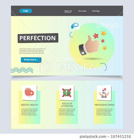 Perfection flat landing page website template. Mental health, focus of attention, processing speed. Web banner with header, content and footer. Vector illustration. Perfection flat landing page website template. Mental health, focus of attention, processing speed. Web banner with header, content and footer. Vector illustration. 107431238