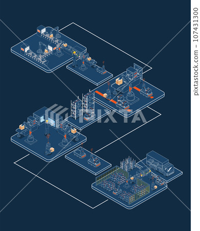3D Isometric Logistics Warehouse Work Process Concept with Transportation operation service, Industrial Internet of Things and Autonomous Robot. Vector illustration EPS 10 107431300