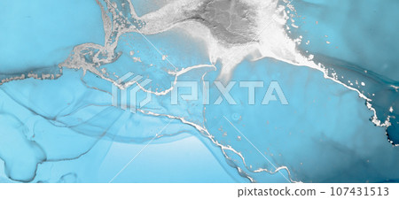 Blue Ocean Water. on Canvas. Alcohol Ink Hand 107431513