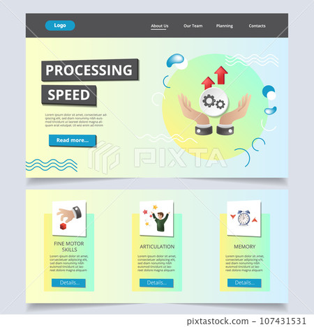 Processing speed flat landing page website template. Fine motor skills, articulation, memory. Web banner with header, content and footer. Vector illustration. 107431531