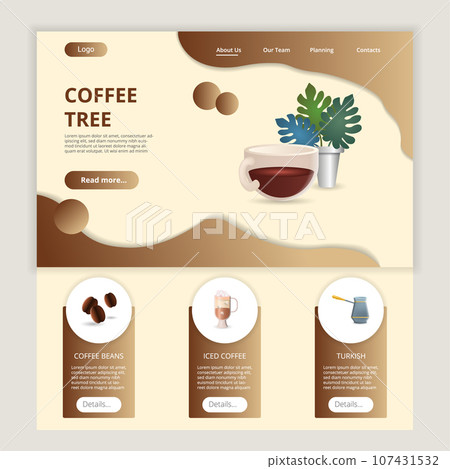 Coffee tree flat landing page website template. Coffee beans, iced coffee, turkish. Web banner with header, content and footer. Vector illustration. Coffee tree flat landing page website template. Coffee beans, iced coffee, turkish. Web banner with header, content and footer. Vector illustration. 107431532