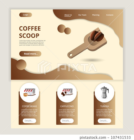Coffee scoop flat landing page website template. Coffee beans, cappuccino, moka pot. Web banner with header, content and footer. Vector illustration. Coffee scoop flat landing page website template. Coffee beans, cappuccino, moka pot. Web banner with header, content and footer. Vector illustration. 107431533