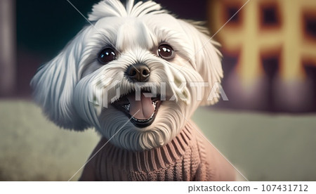 Laughing Maltese wearing a sweater 107431712