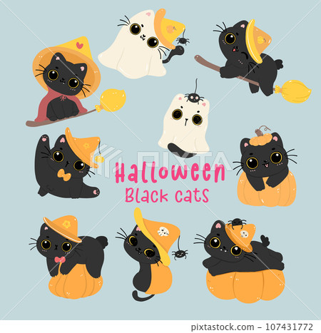 Cute Witch Black Cat Halloween Cartoon Character Set. 107431772